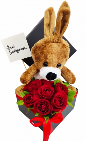 Cute Rabbit And Red Rose İn Black Box